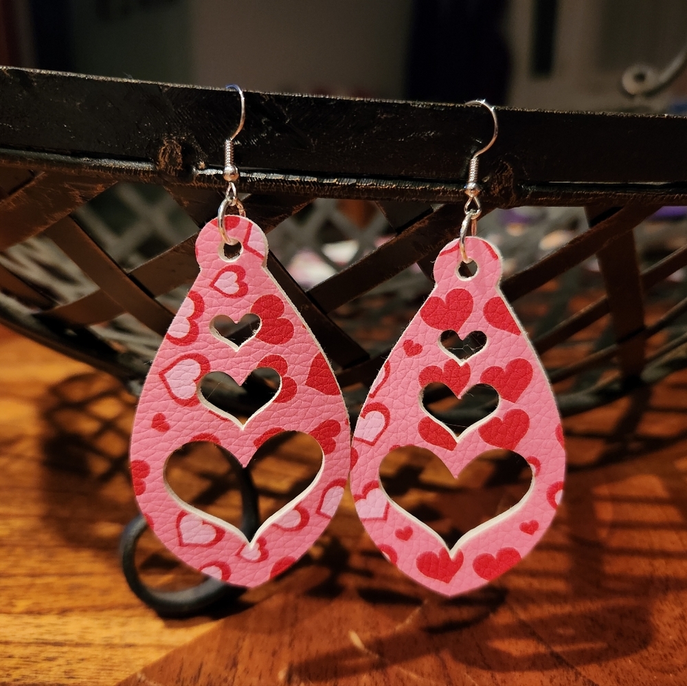 Handmade Pink Heart Teardrop Faux Leather Earrings